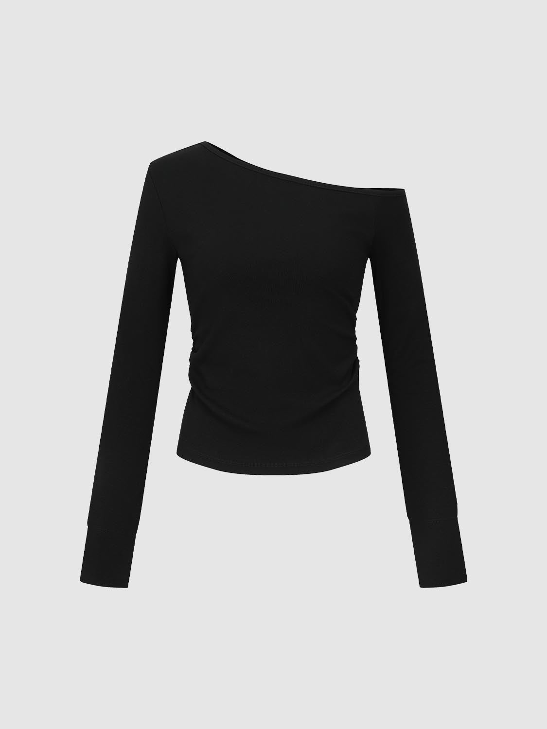 One Shoulder Ruched Long Sleeve T-Shirts