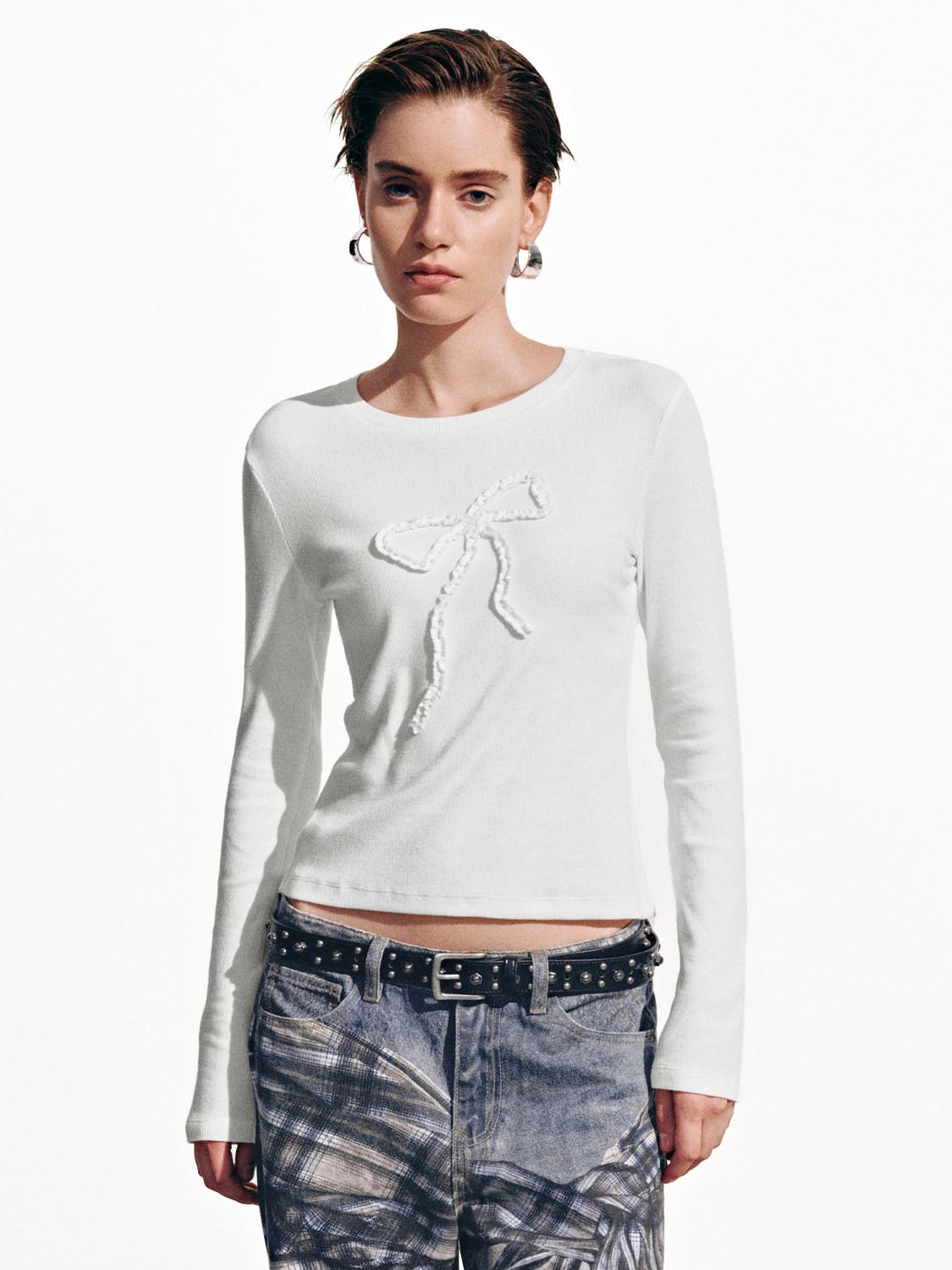 Flare Sleeve Bow Print T-Shirts