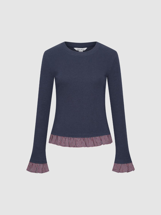 2 In 1 Contrast Ruffle Trim Long Sleeve T-Shirts