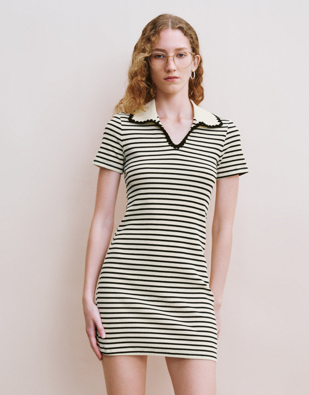 Striped Lapel A-Line Dress