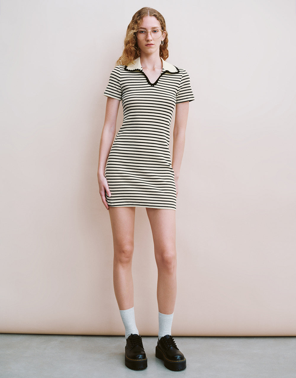 Striped Lapel A-Line Dress