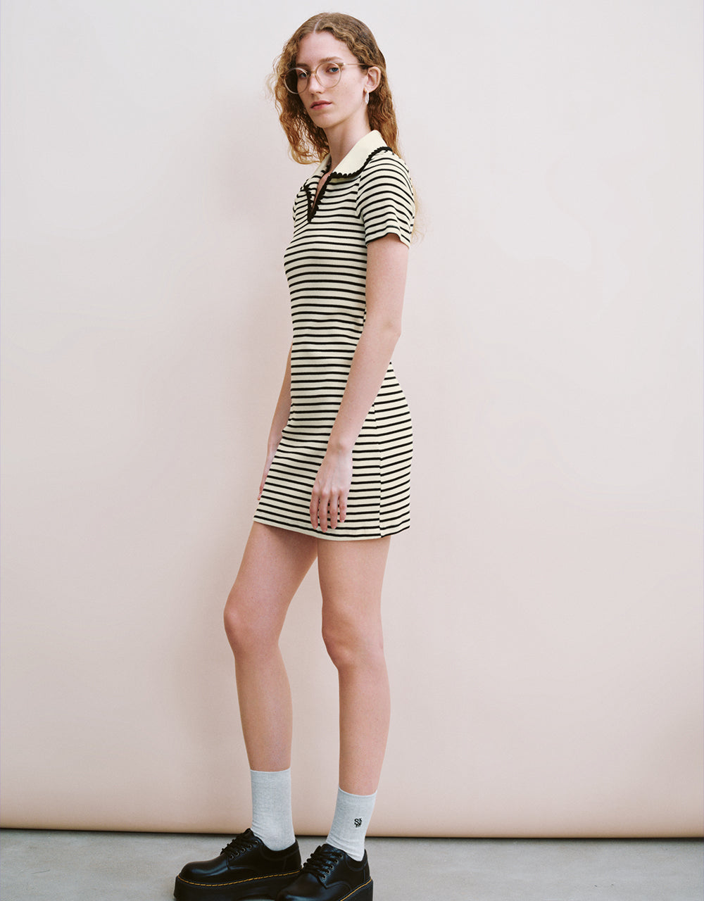 Striped Lapel A-Line Dress