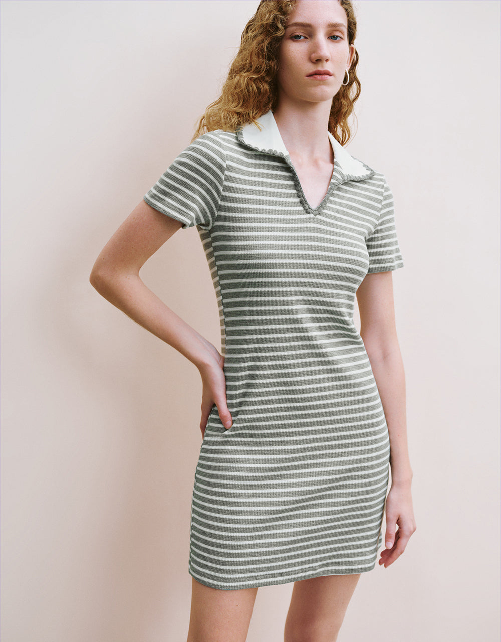 Striped Lapel A-Line Dress