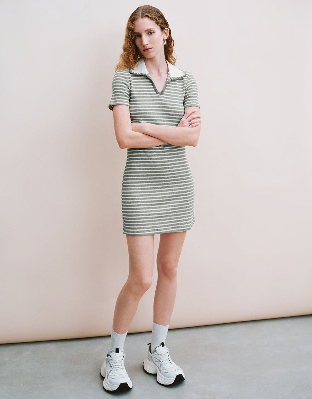 Striped Lapel A-Line Dress