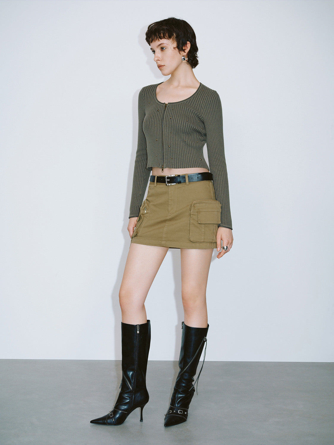 Zipper Front Skinny Knitted Cardigan