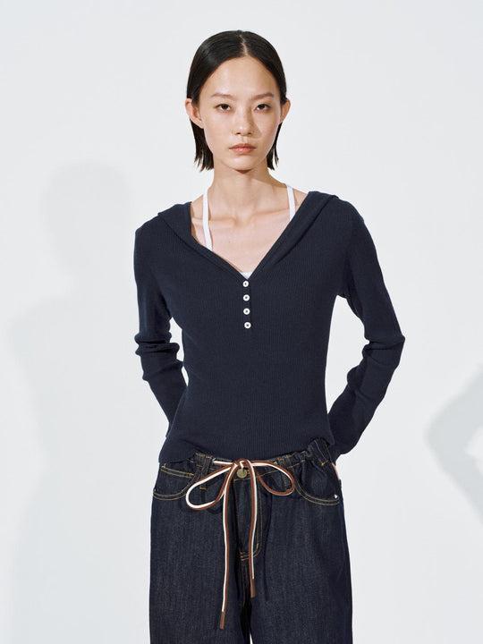 2 In 1 Hooded Henley Neck Knitted T-Shirts