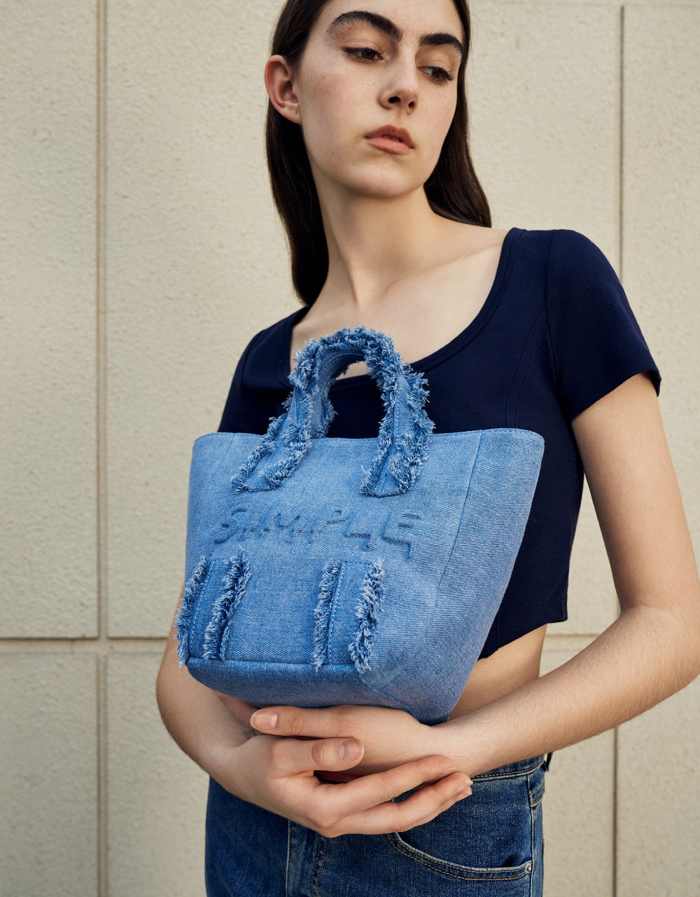 Letters Embossed Denim Shoulder Bag