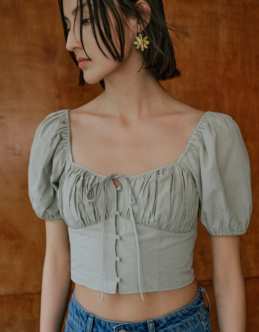 Tie Front Square-cut Collar Shirt