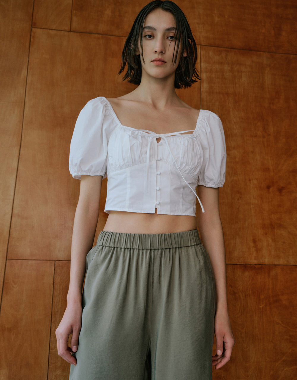 Tie Front Square-cut Collar Shirt
