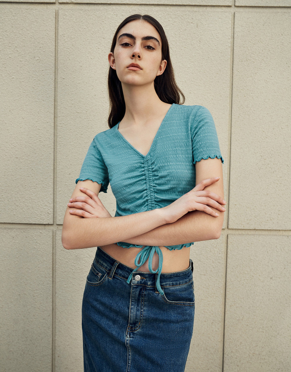 Lettuce Trim Shirred T-Shirt