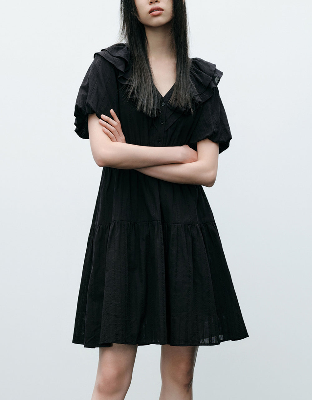 Ruffle Lapel Midi Dress