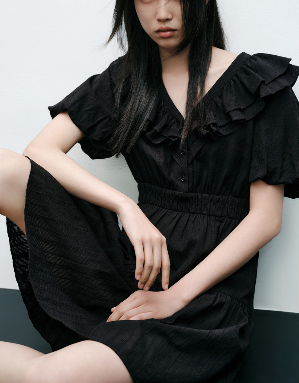 Ruffle Lapel Midi Dress