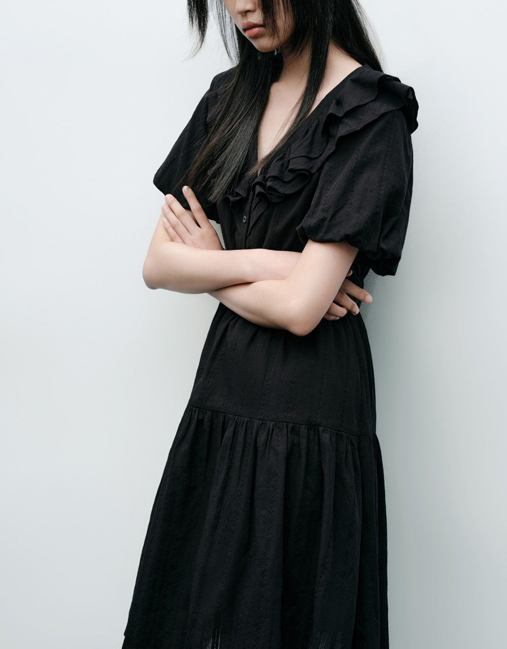 Ruffle Lapel Midi Dress
