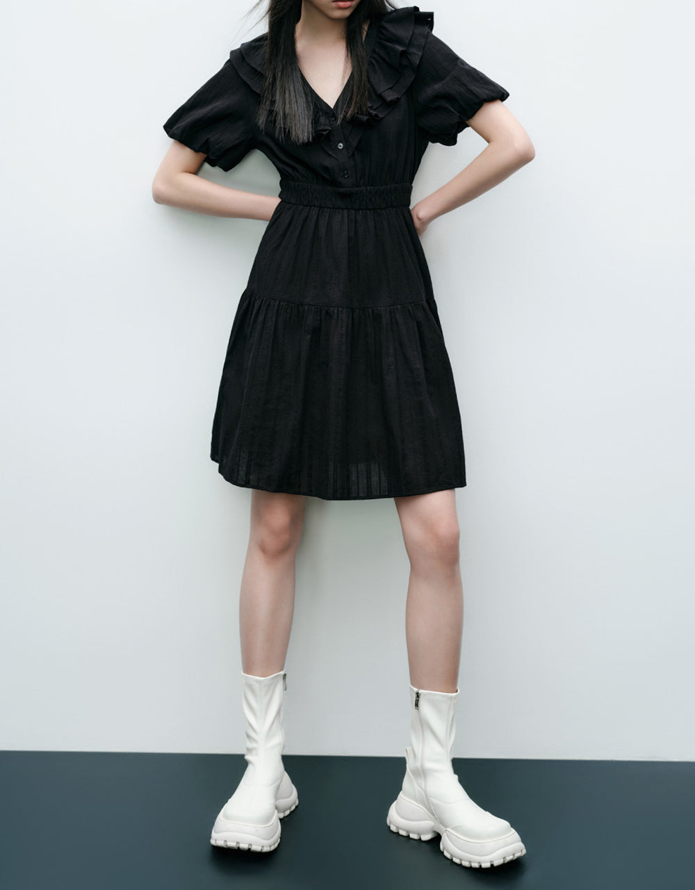 Ruffle Lapel Midi Dress
