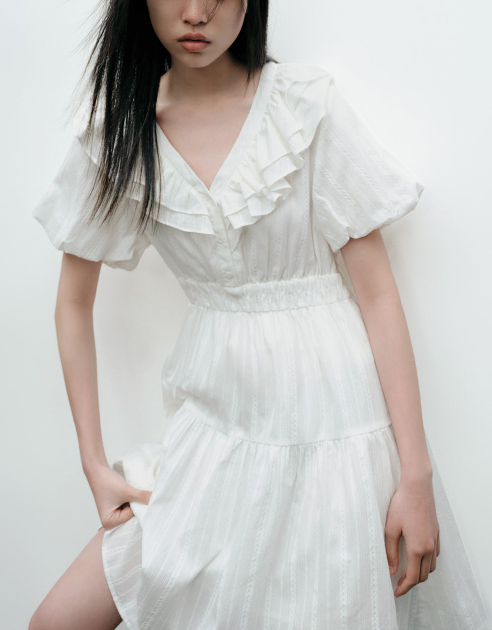 Ruffle Lapel Midi Dress