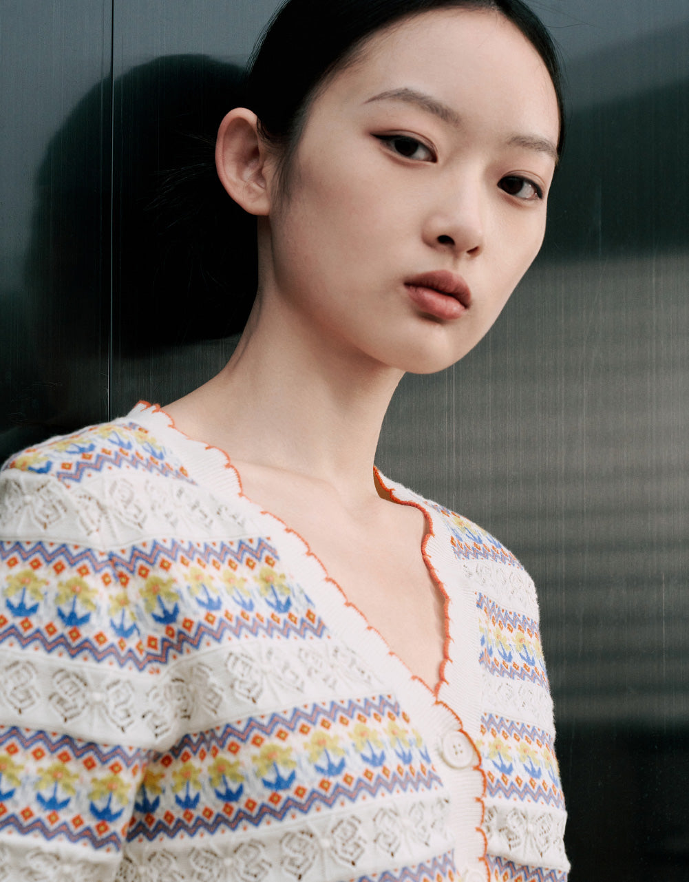 Floral Striped V-Neck Knitted T-Shirt