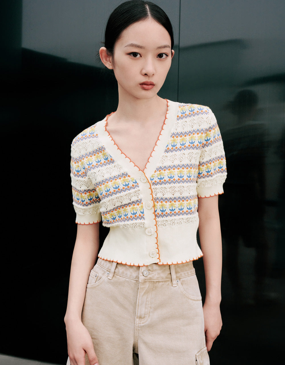 Floral Striped V-Neck Knitted T-Shirt