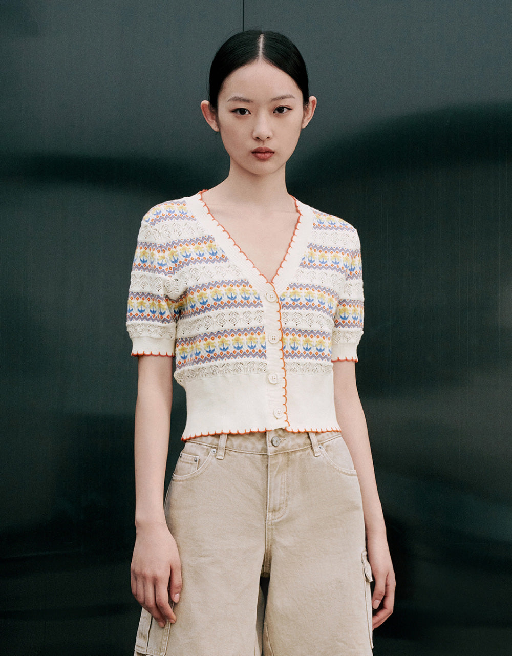 Floral Striped V-Neck Knitted T-Shirt