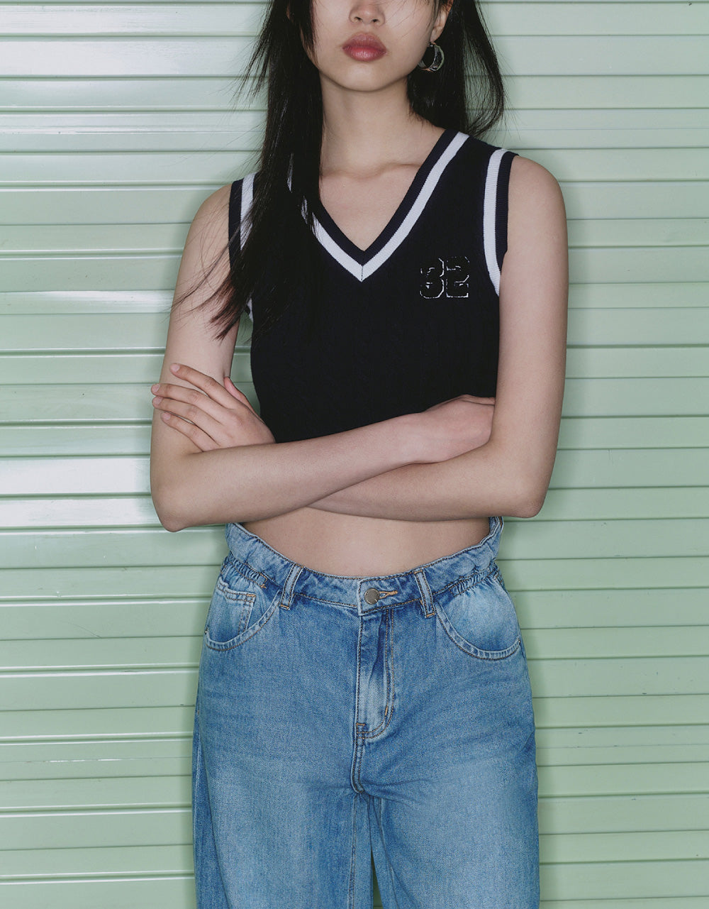 Number Embroidery Cable Knit Vest