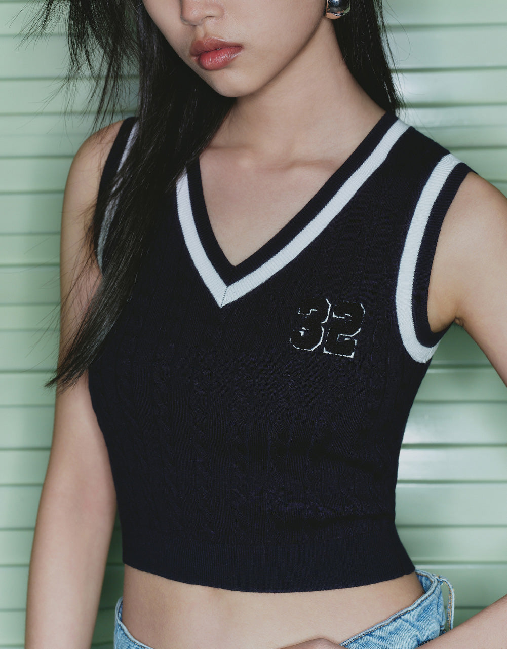 Number Embroidery Cable Knit Vest