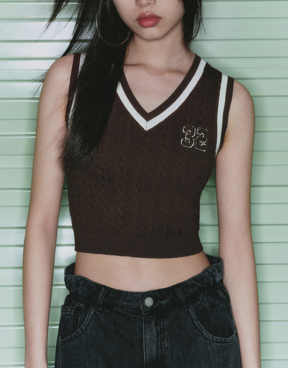 Number Embroidery Cable Knit Vest